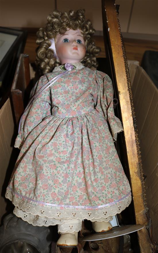 A box of mixed ceramics, doll, mirror etc